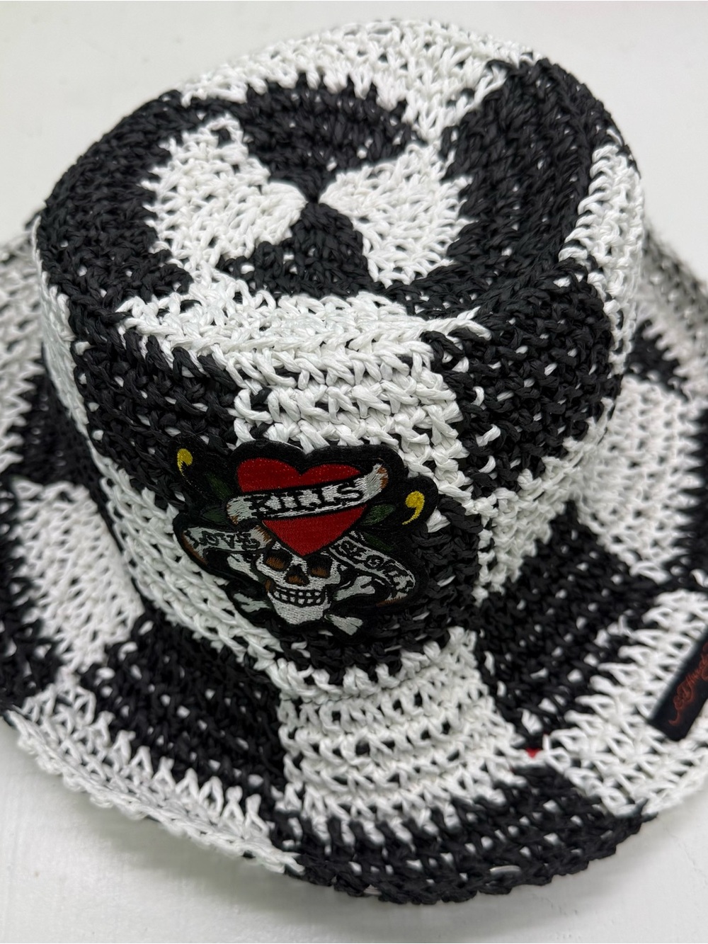 NWT Ed Hardy Black and White Crochet Bucket Hat with Skull Heart Patch